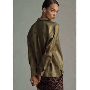 Anthropologie PLEOINE Iridescent Green Collared Boxy Crop Blouse